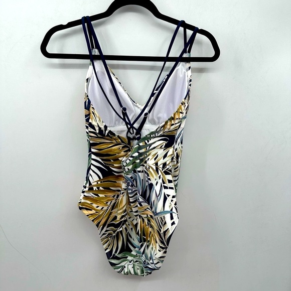 HURLEY L Green palm print UPF 50+ 4 way stretch swimsuit tropical resortwear - Picture 2 of 10